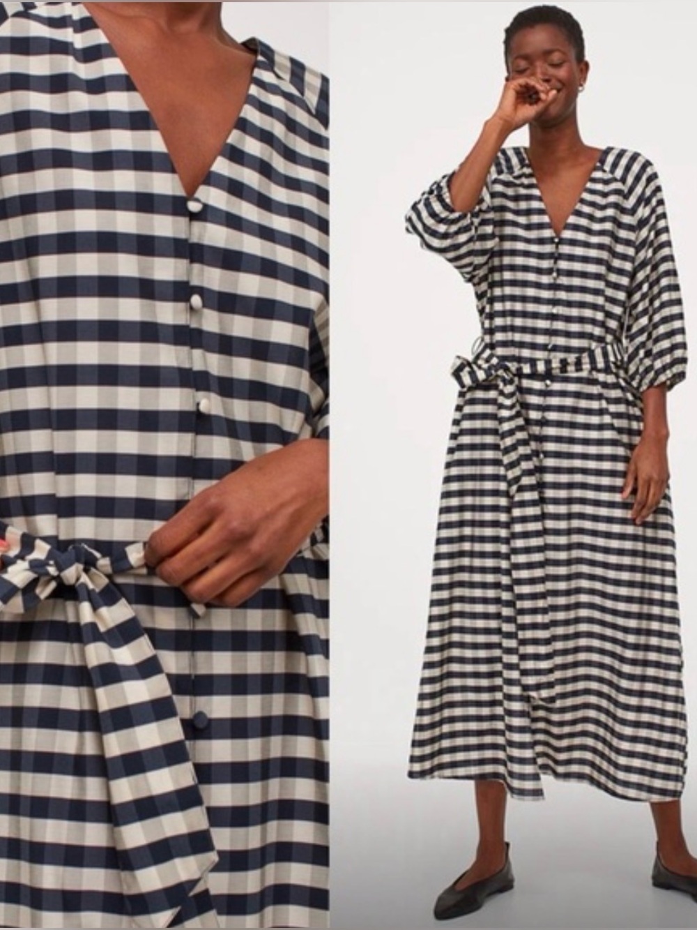 H&M Gingham Check Tie Belt Midi Dress NWT